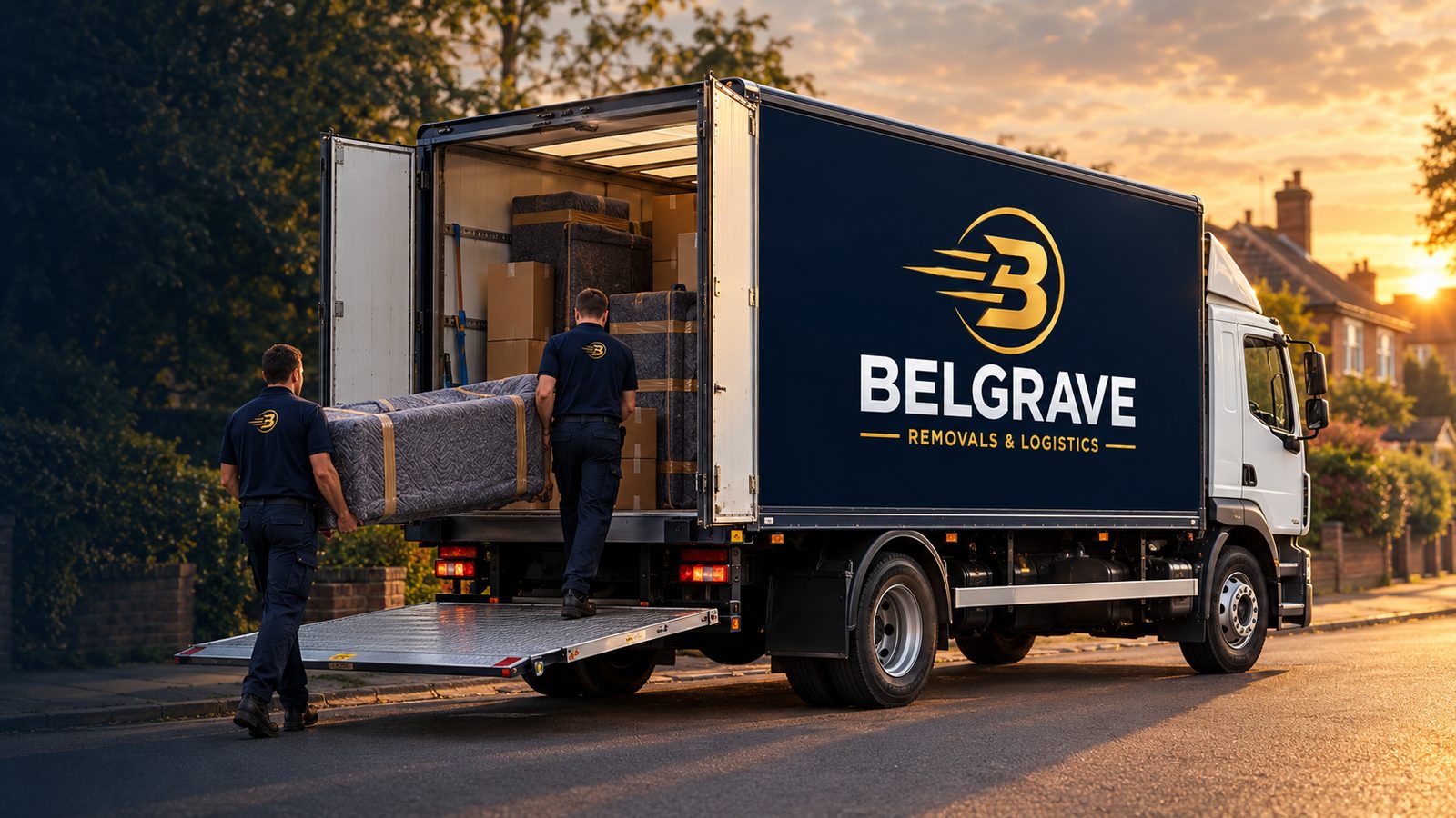 Belgrave crew loading a removal truck at golden hour